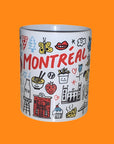Ceramic mug with 'Montreal' and various icons on a white background