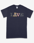 Navy blue t-shirt with 'LOVE' design featuring a teddy bear and American flag on a white background