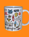 White mug with colorful illustrations on a white background