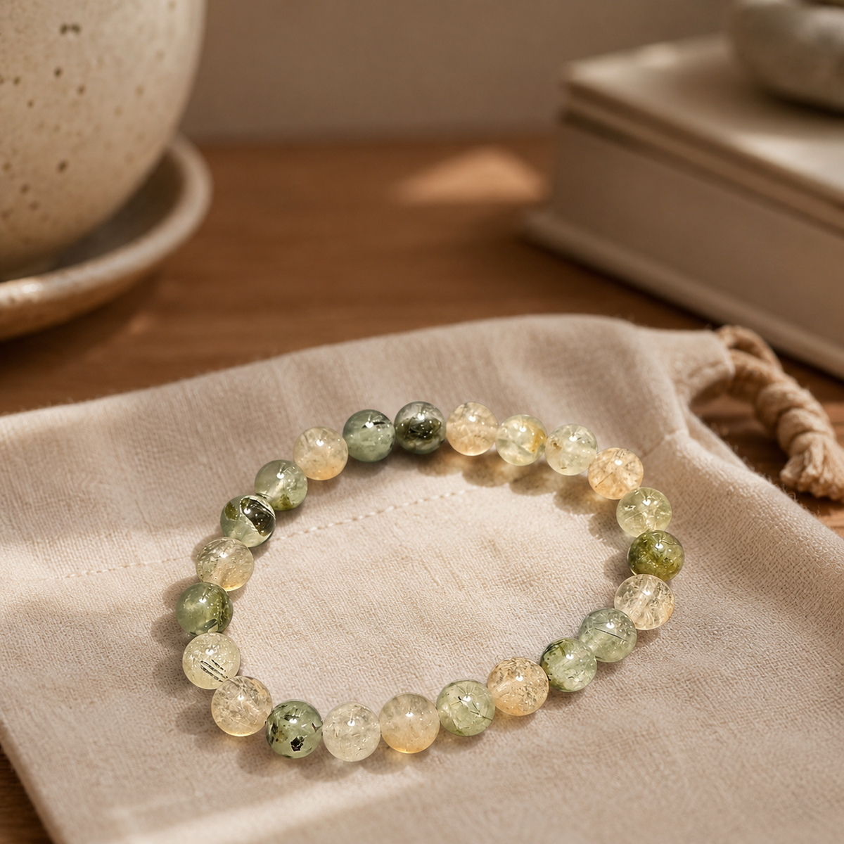 Green & Golden Natural Stone Beaded Bracelet | Stretch Gemstone Bracelet | Boutique LH by Georges Marciano