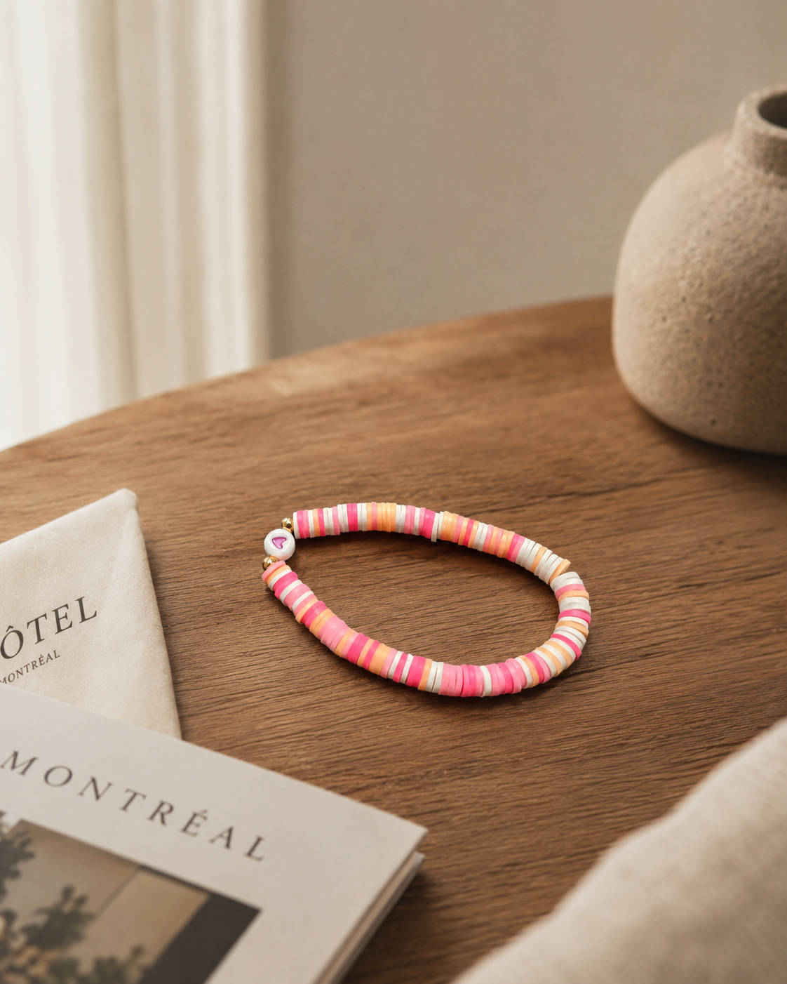 Stretch Sunset Disc Bead Bracelet – Pink Heart | Boutique LH Montréal
