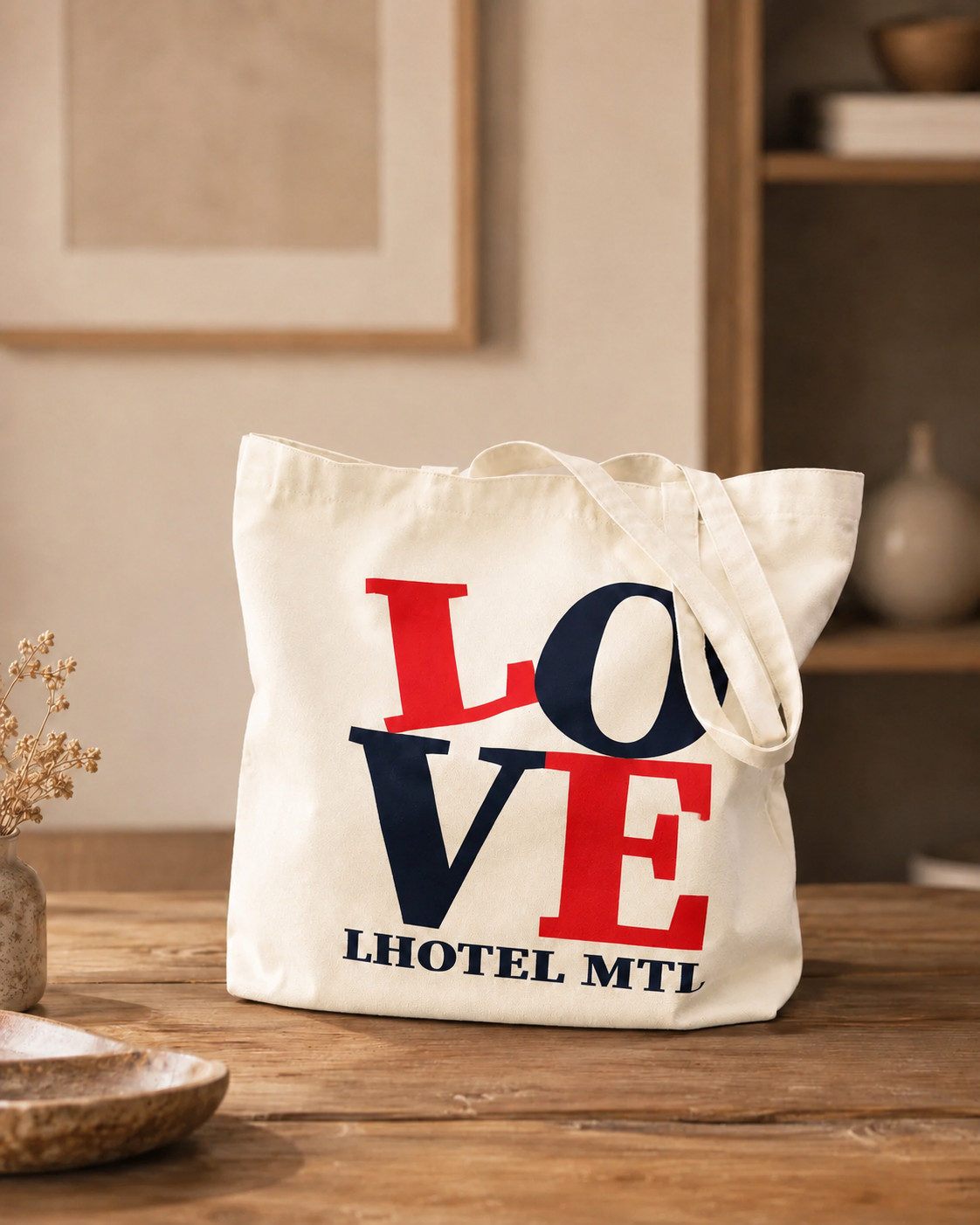 LOVE LHOTEL MTL Canvas Tote Bag | Off-White Reusable Shopping Bag | Boutique LH Montréal