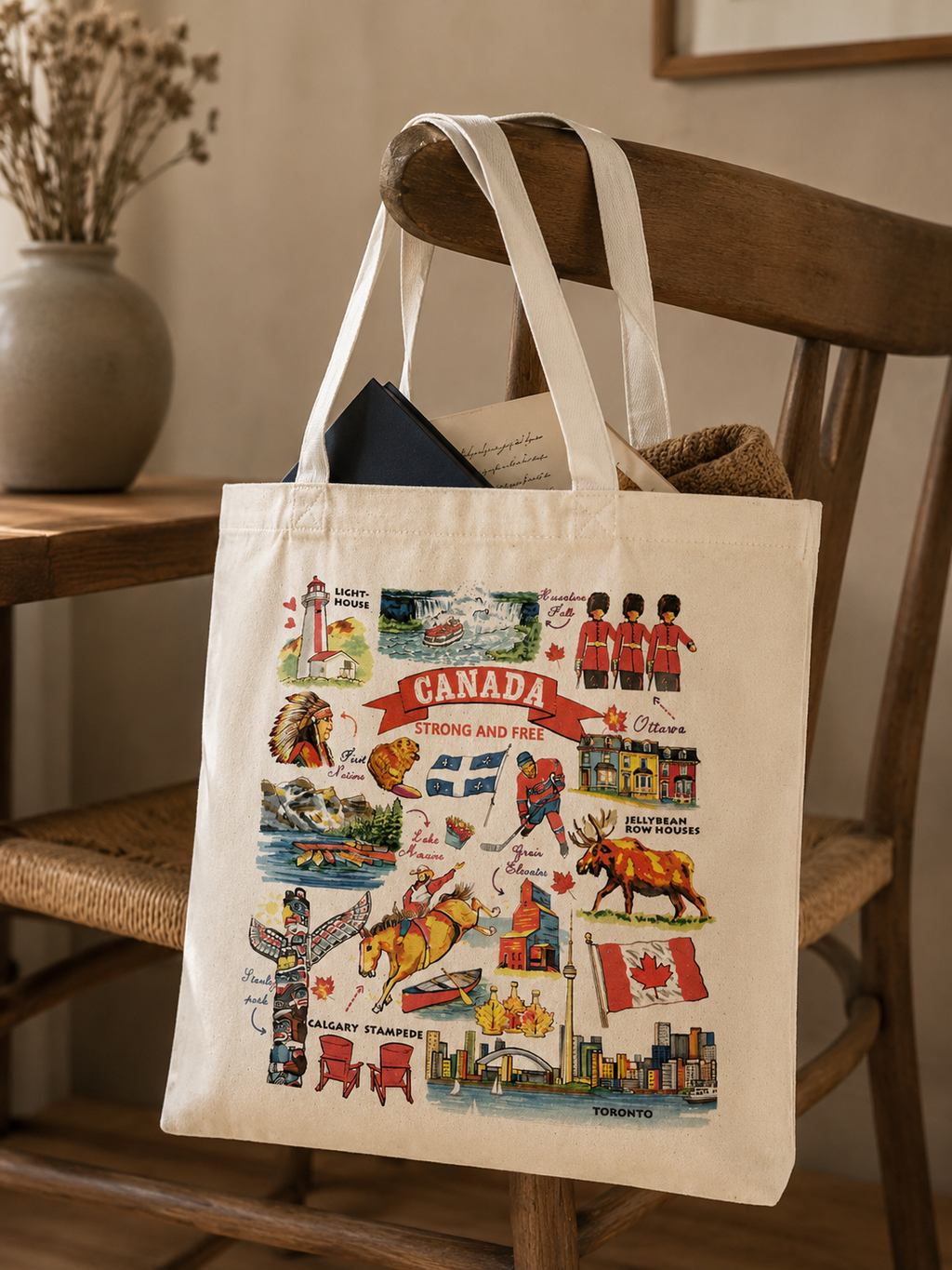 Canada Icons Canvas Tote Bag | Illustrated Canadian Landmarks & Provinces | Boutique LH Montréal