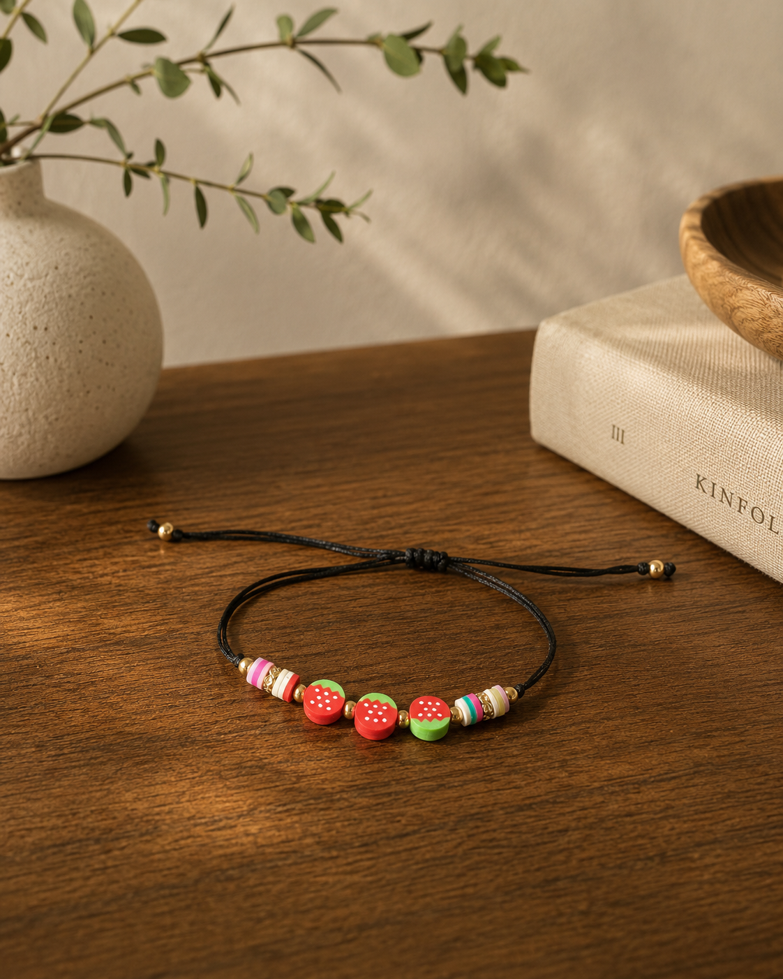 Adjustable Watermelon Beaded Bracelet – Black Cord | Boutique LH Montréal