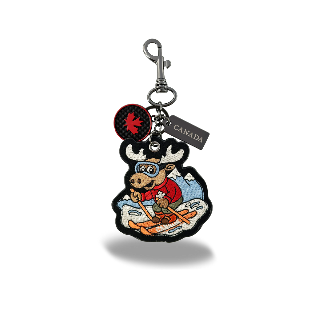 Porte-clés pendentif brodé orignal du Canada, ski, sac, accessoire de voyage hivernal en plein air