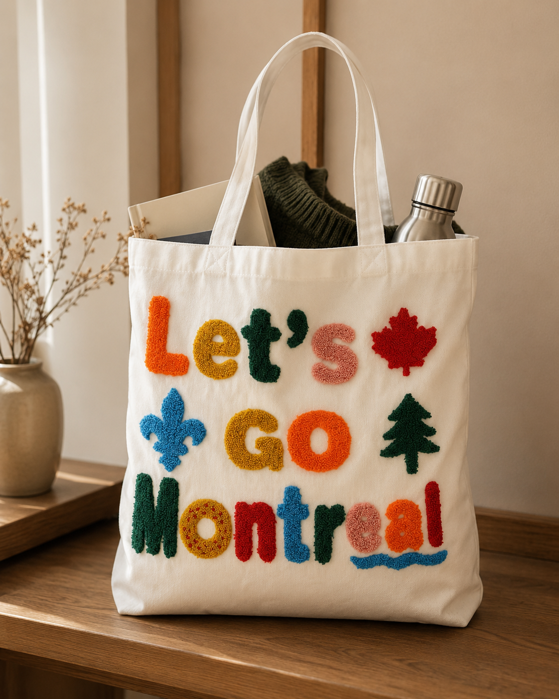 Let's Go Montréal Chenille Canvas Tote Bag | Boutique LH Montréal