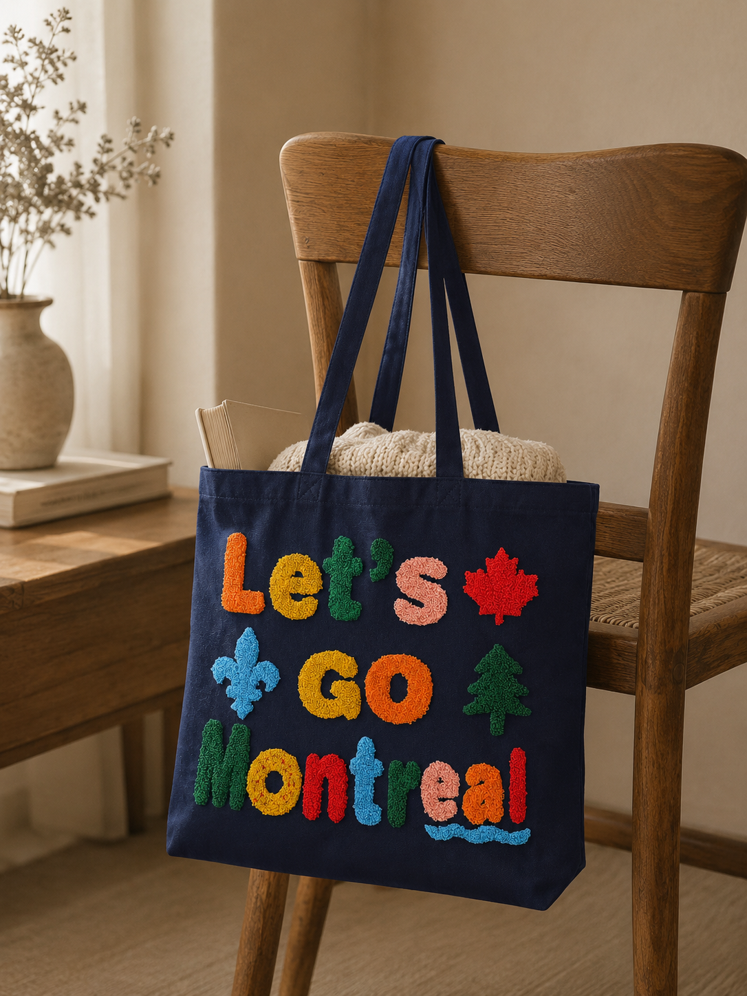 Let's Go Montréal Navy Canvas Tote Bag | Tufted Embroidered Design | Boutique LH Montréal