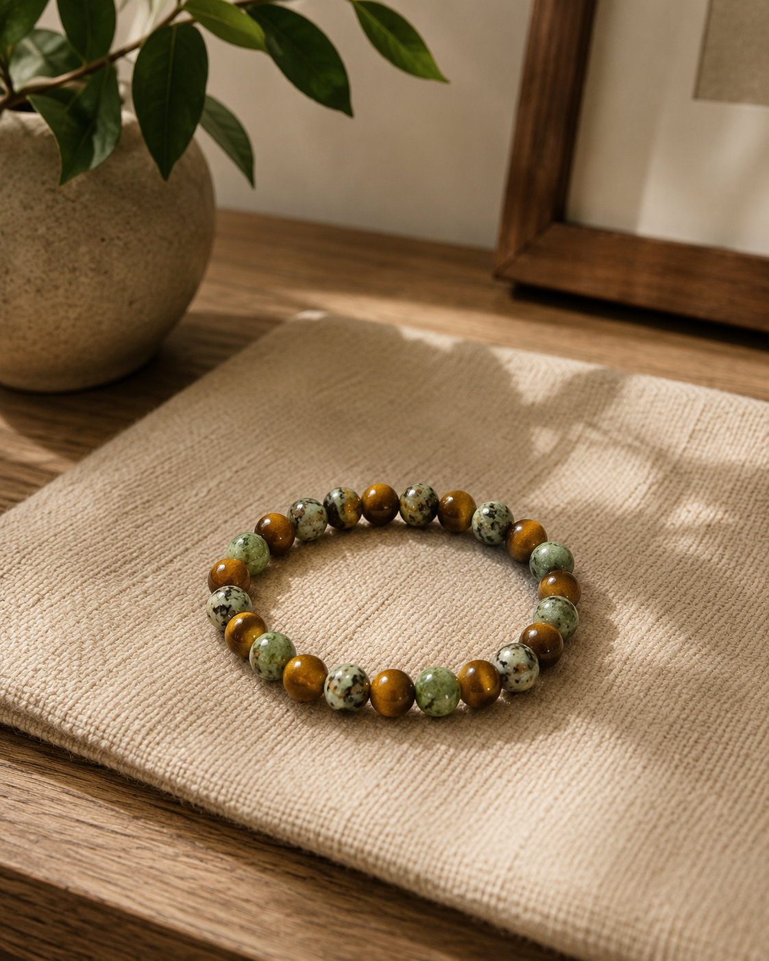 Natural Stone Beaded Bracelet | Green Jasper & Tiger Eye Stretch Bracelet | Boutique LH by Georges Marciano