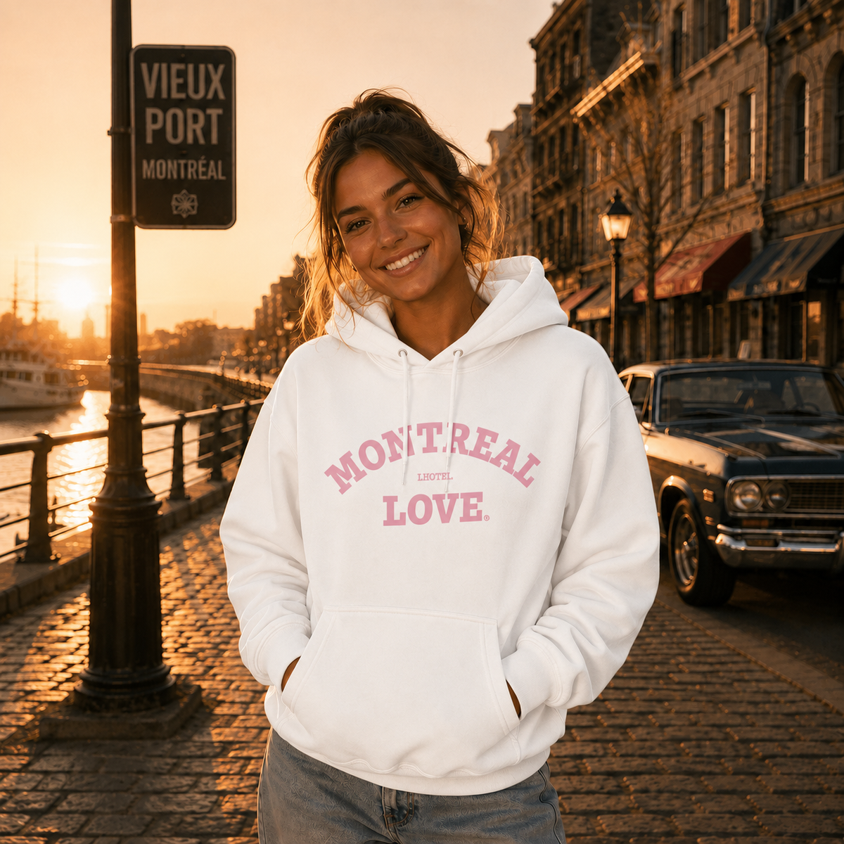 Montréal Love Hoodie – White LHotel Souvenir Unisex Sweatshirt | Boutique LH Montréal
