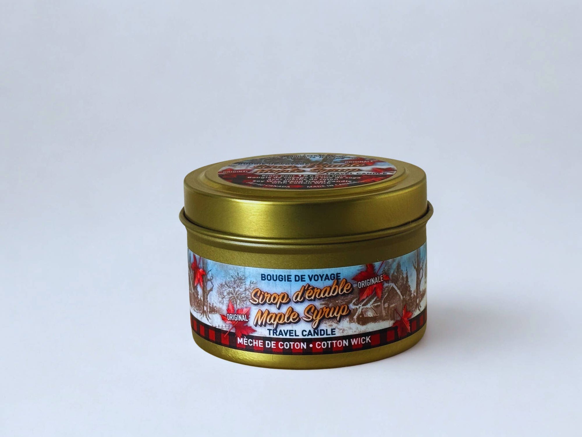 Bougie sirop d'érable en mini boîte de voyage (COTON) DORÉ