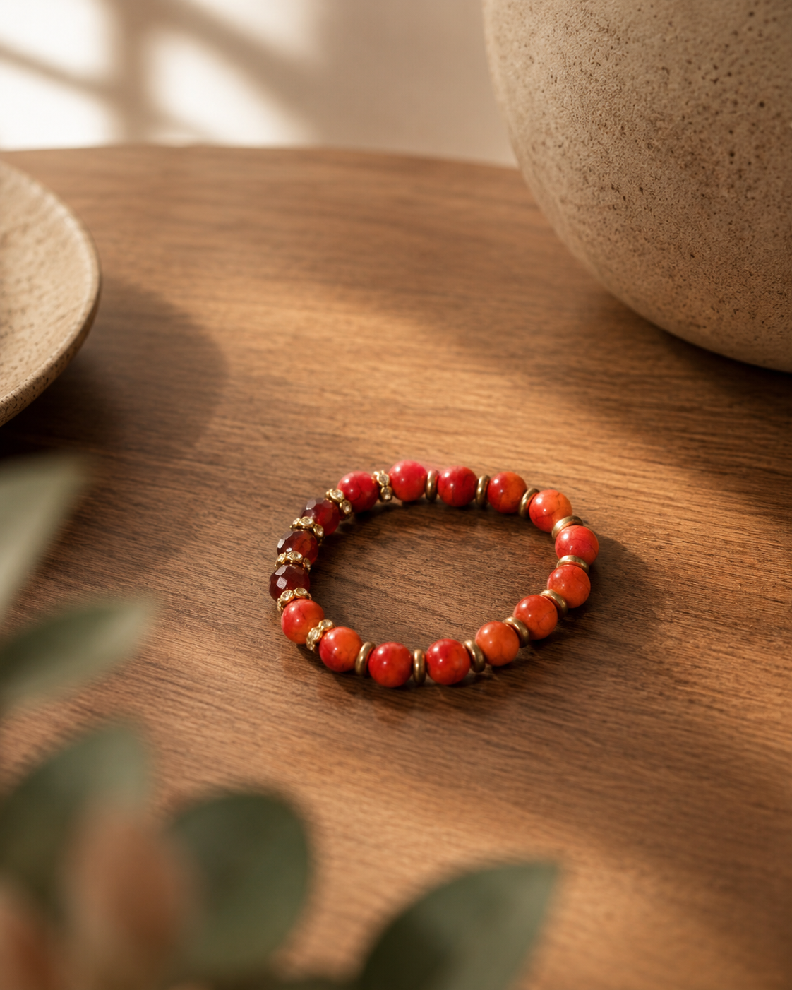 Red Jasper & Coral Stone Beaded Stretch Bracelet | Boutique LH Montréal