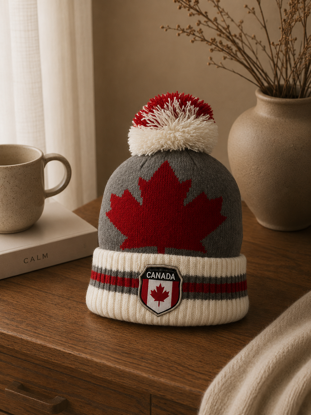 Canada & Montréal Maple Leaf Pompom Beanie – Winter Hat Souvenir | Boutique LH Montréal