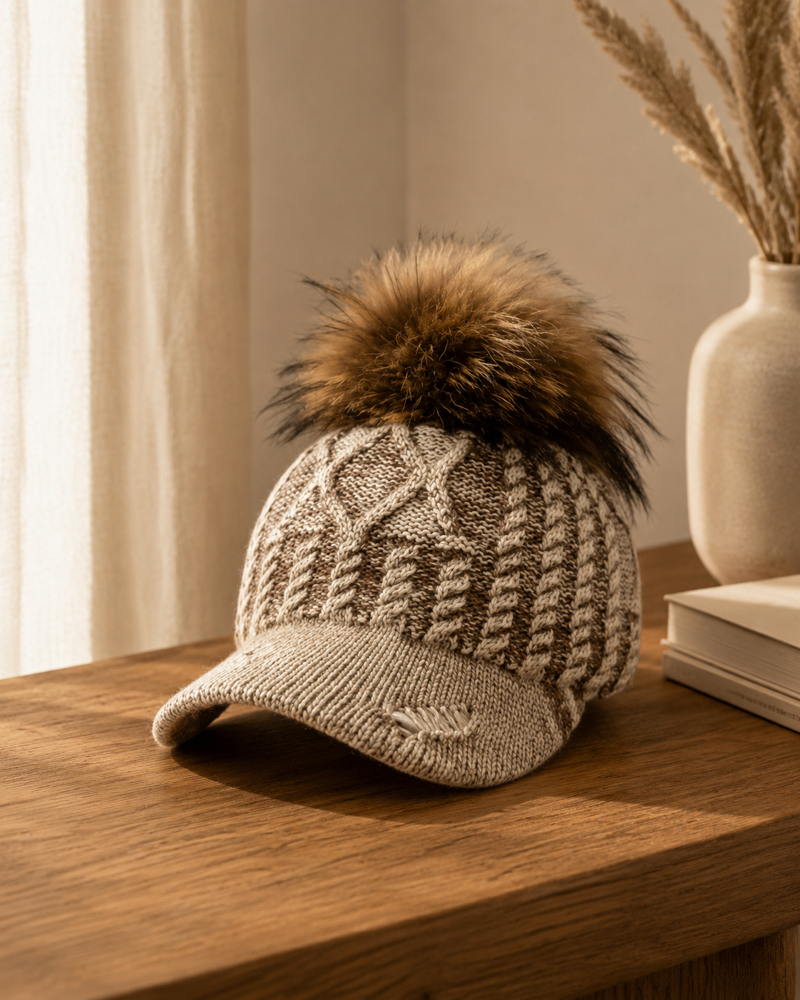 Canada Cable Knit Pompom Beanie – Camel | Boutique LH Montréal