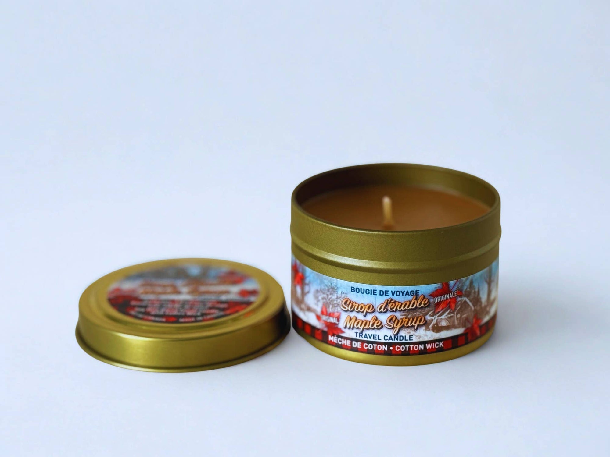 Bougie sirop d'érable en mini boîte de voyage (COTON) DORÉ