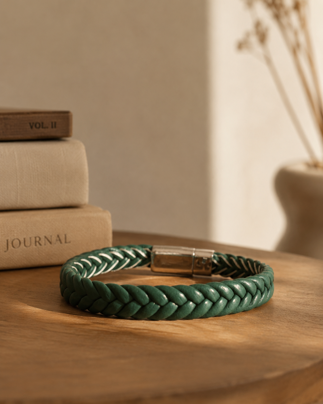 Braided Green Leather Bracelet – Magnetic Clasp | Boutique LH Montréal