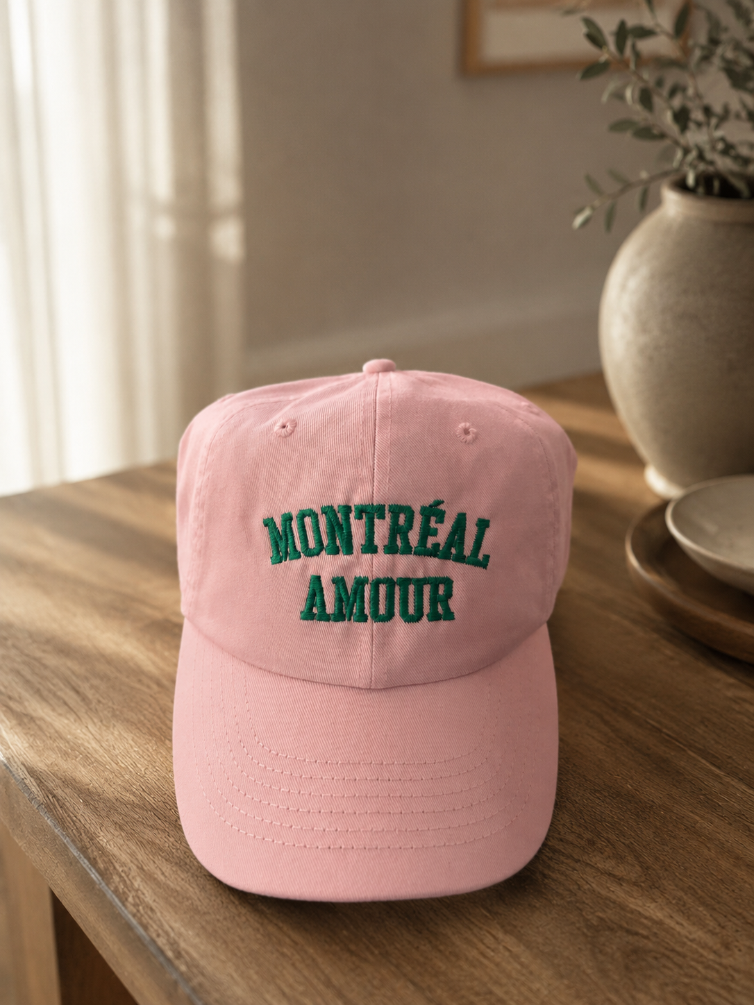 Montreal Amour Cap – Pink Cotton Dad Hat with Emerald Embroidery | Boutique LH Montréal