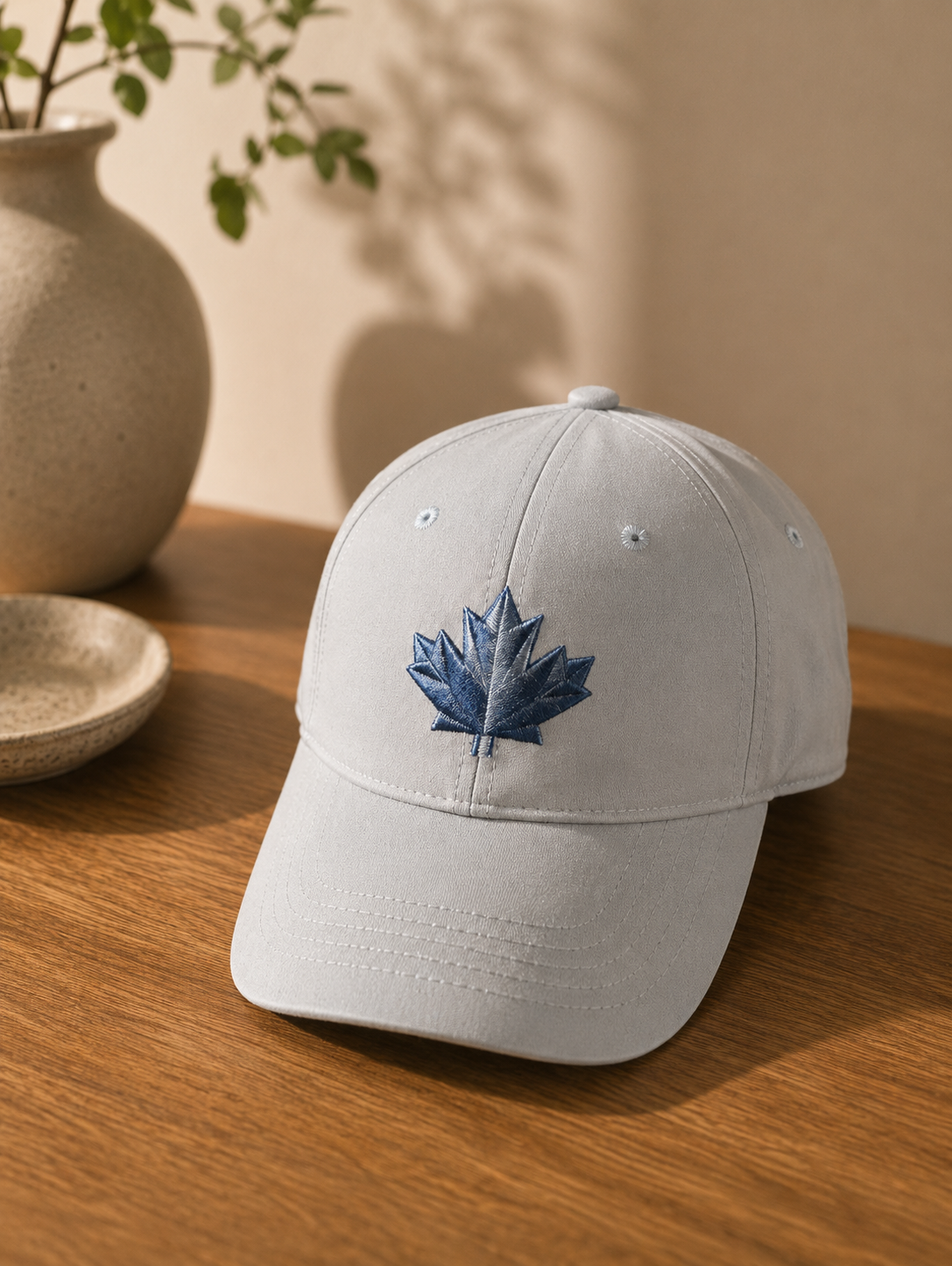 Canada Maple Leaf Cap – White Cotton Hat with Navy Embroidered Leaf | Boutique LH Montréal