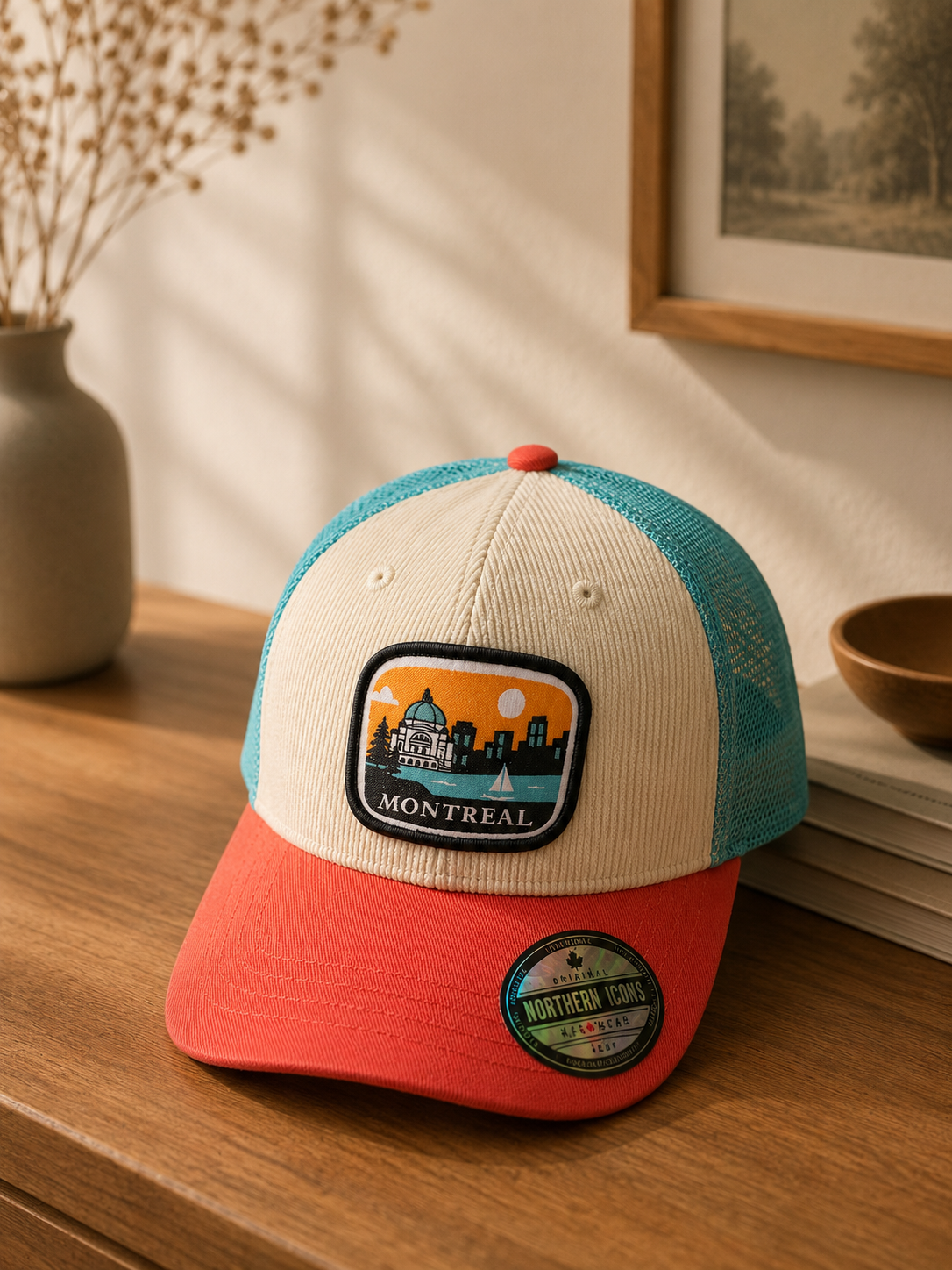 Kids Montreal Skyline Trucker Cap – Coral &amp; Teal Edition | Boutique LH Montréal