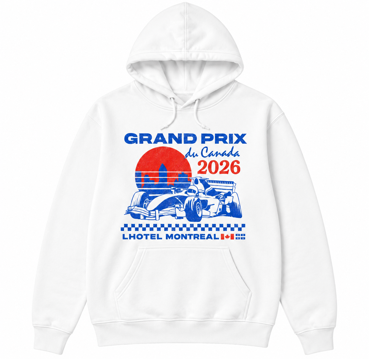 White hoodie with Grand Prix du Canada 2026 design on a white background