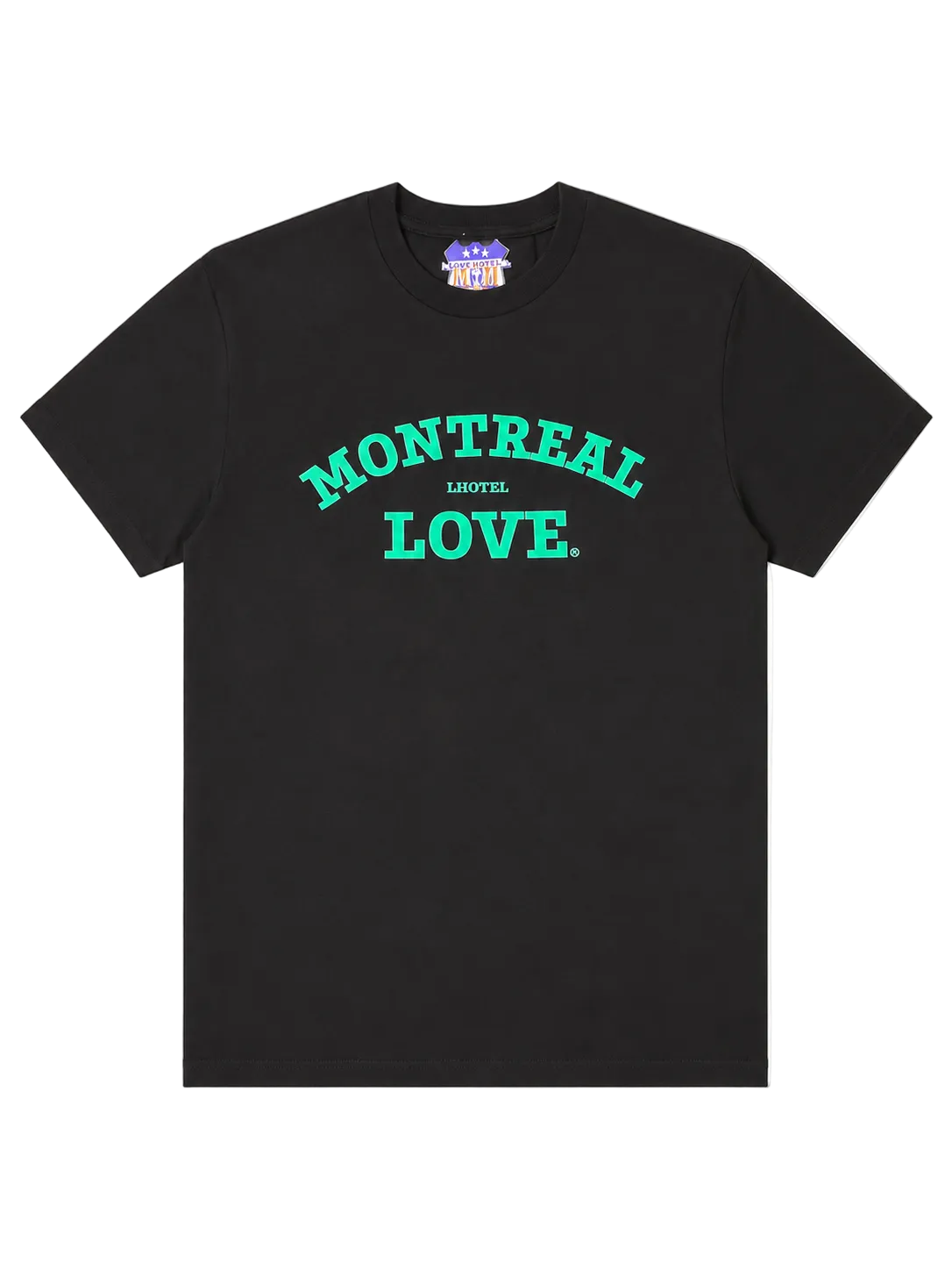 Black t-shirt with 'Montreal Love' text in green and red on a white background