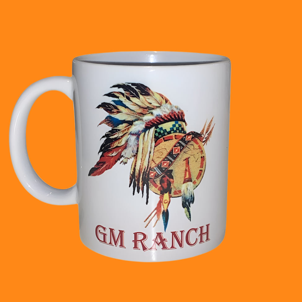 White mug with a colorful headdress design and 'GM Ranch' text on a white background