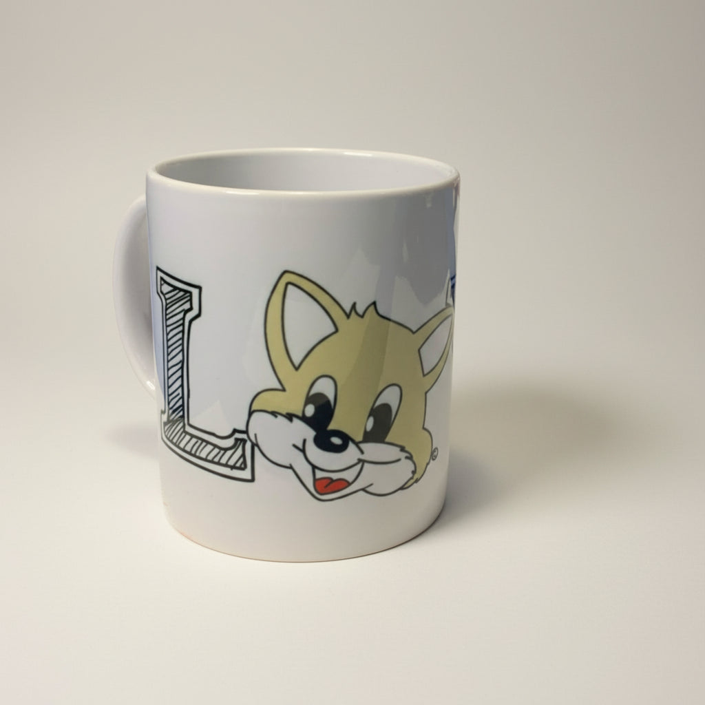 A white ceramic mug with 'LOVE' printed on it, featuring a cartoon cat's face peeking around the letter 'L'.