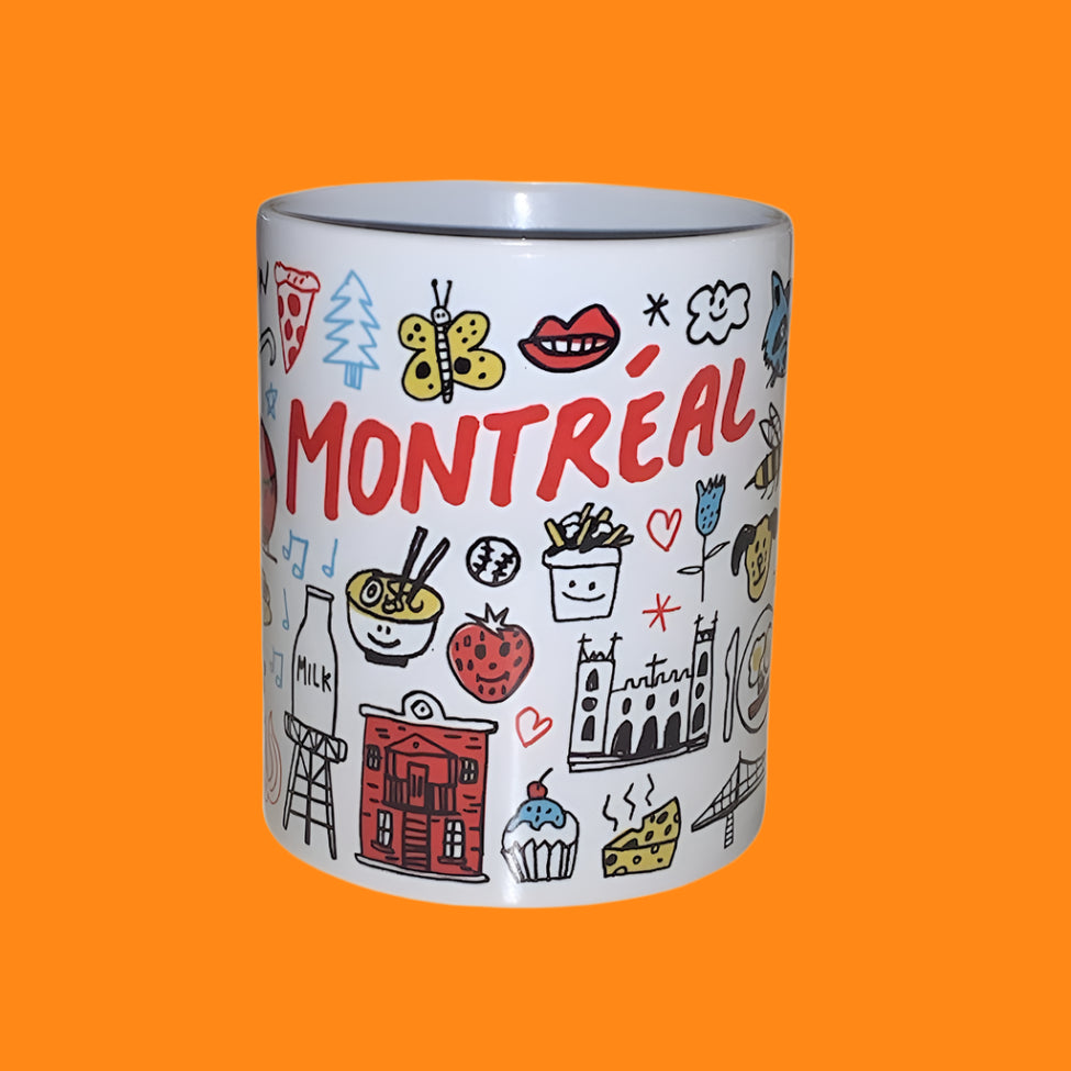Ceramic mug with 'Montreal' and various icons on a white background