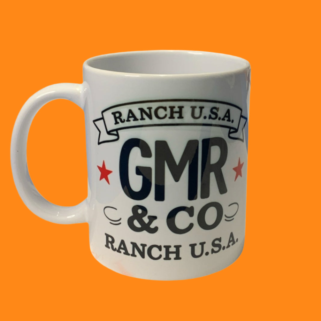 White mug with 'Ranch U.S.A. GMR & Co' text on a white background
