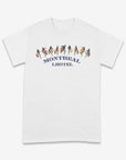 White t-shirt with colorful graphics and text on a white background