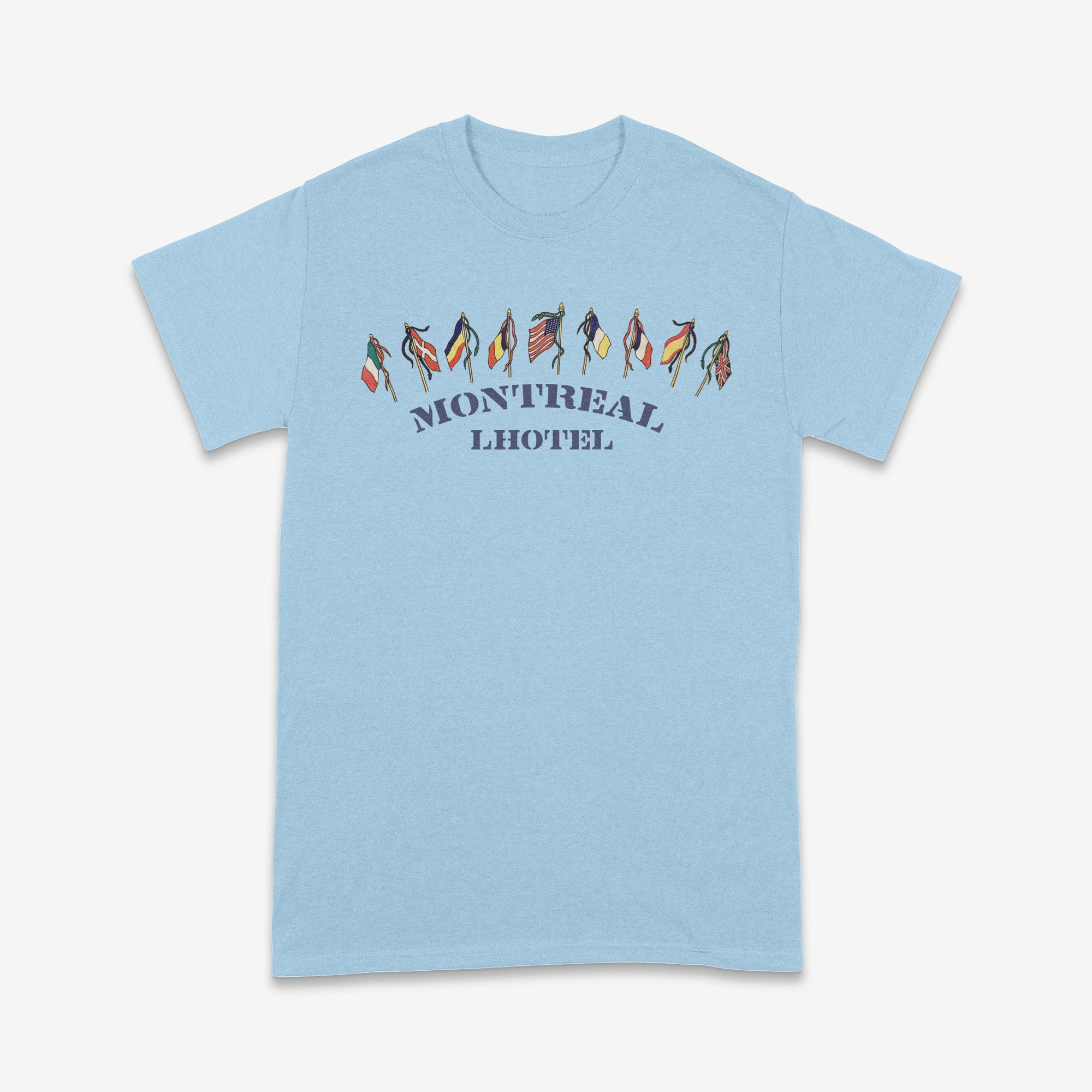 Light blue t-shirt with 'Montreal Lhotel' design on a white background