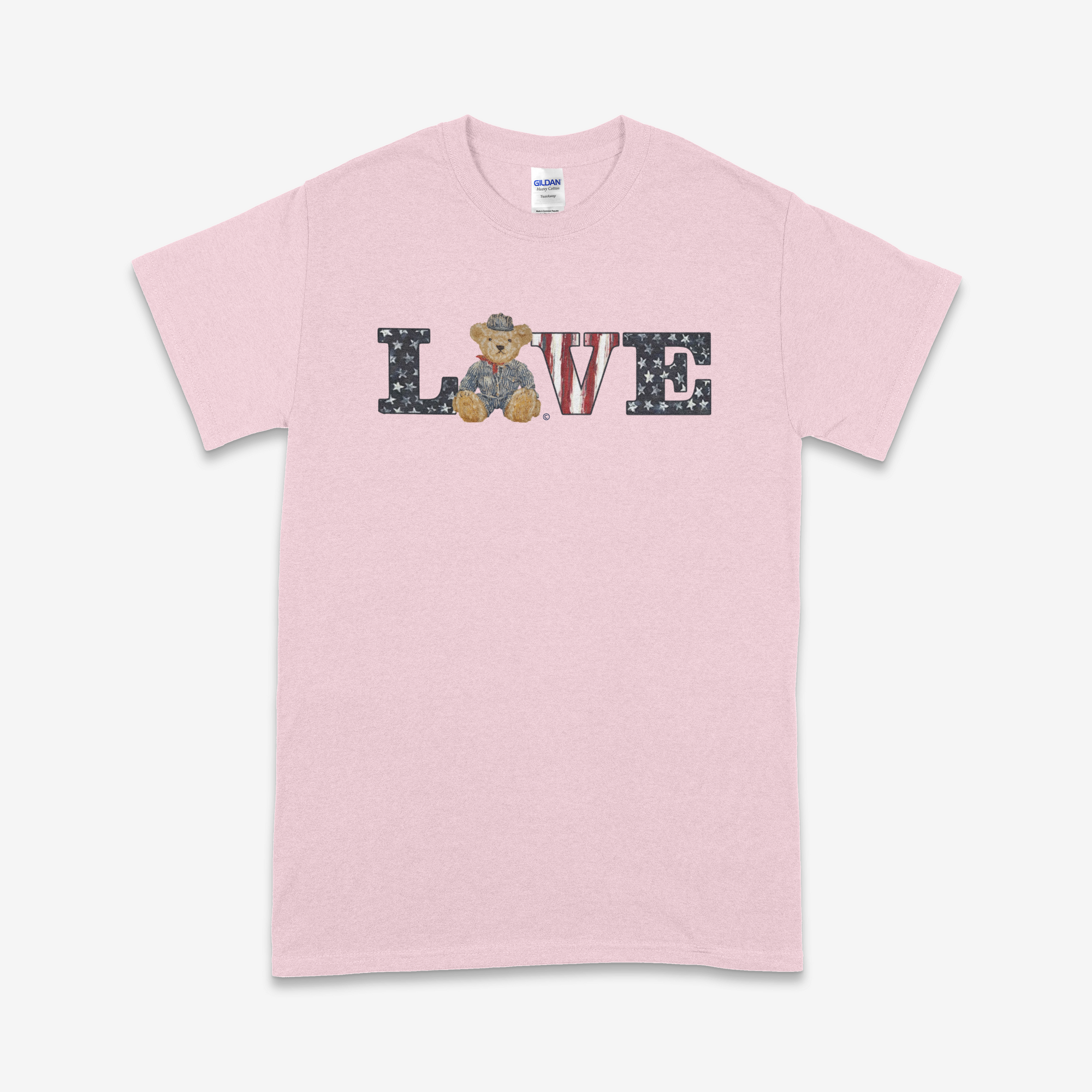 Pink t-shirt with 'LOVE' text and teddy bear graphic on a white background