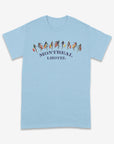 Light blue t-shirt with 'Montreal Lhotel' design on a white background