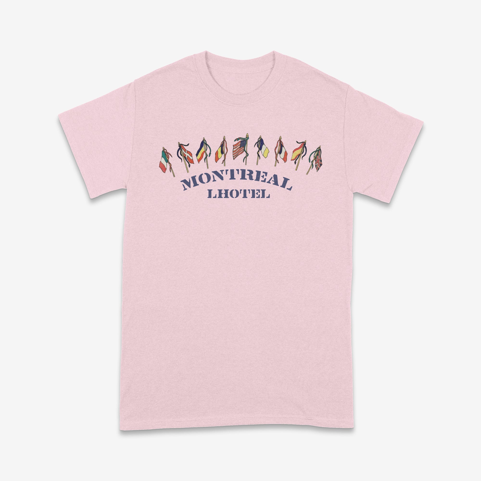 Pink t-shirt with 'Montreal Lhotel' design on a white background