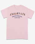 Pink t-shirt with 'Montreal Lhotel' design on a white background