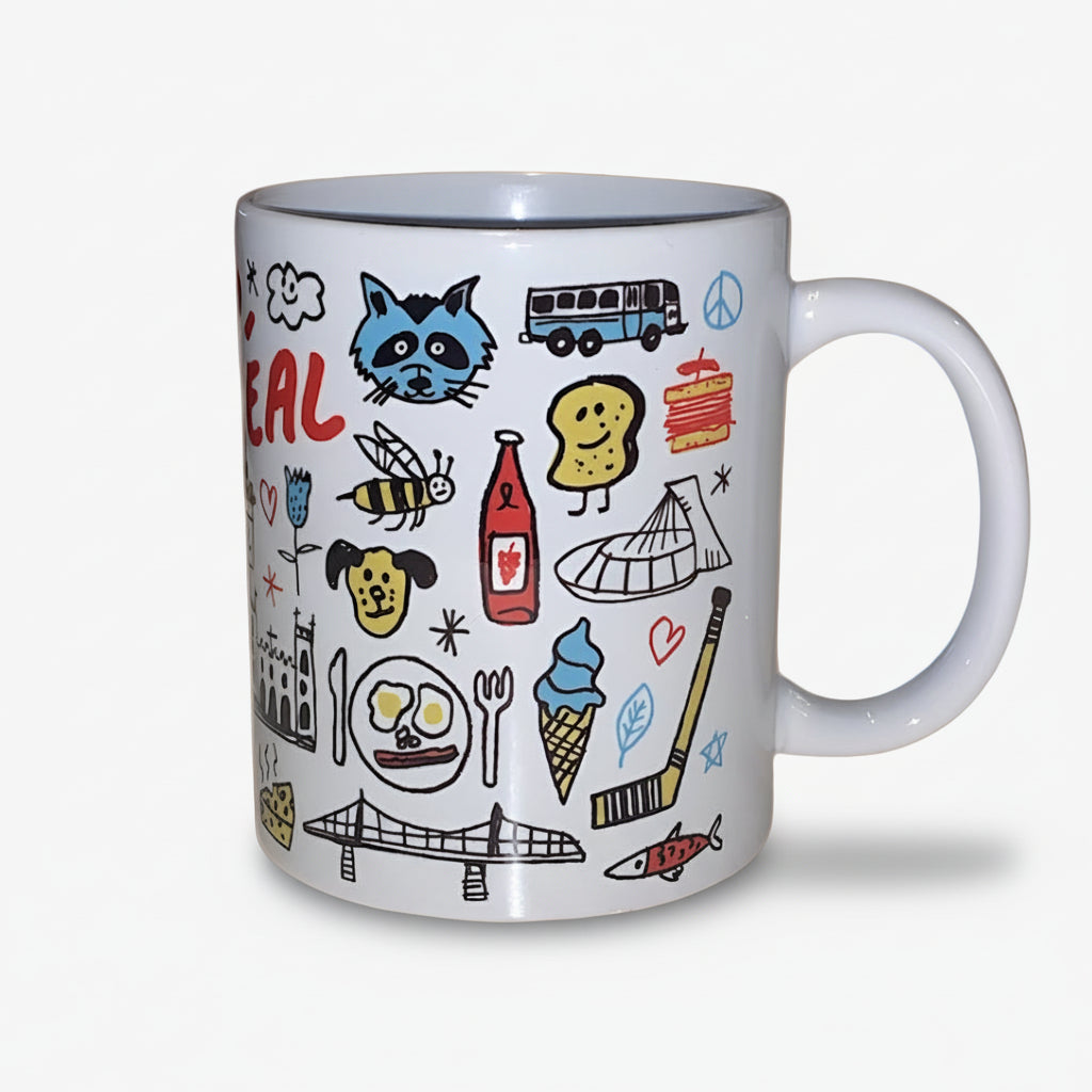 White mug with colorful illustrations on a white background