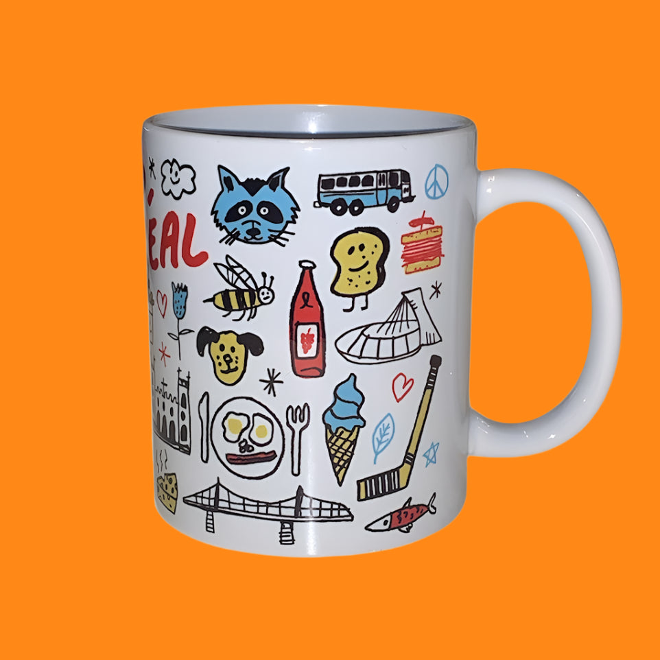 White mug with colorful illustrations on a white background