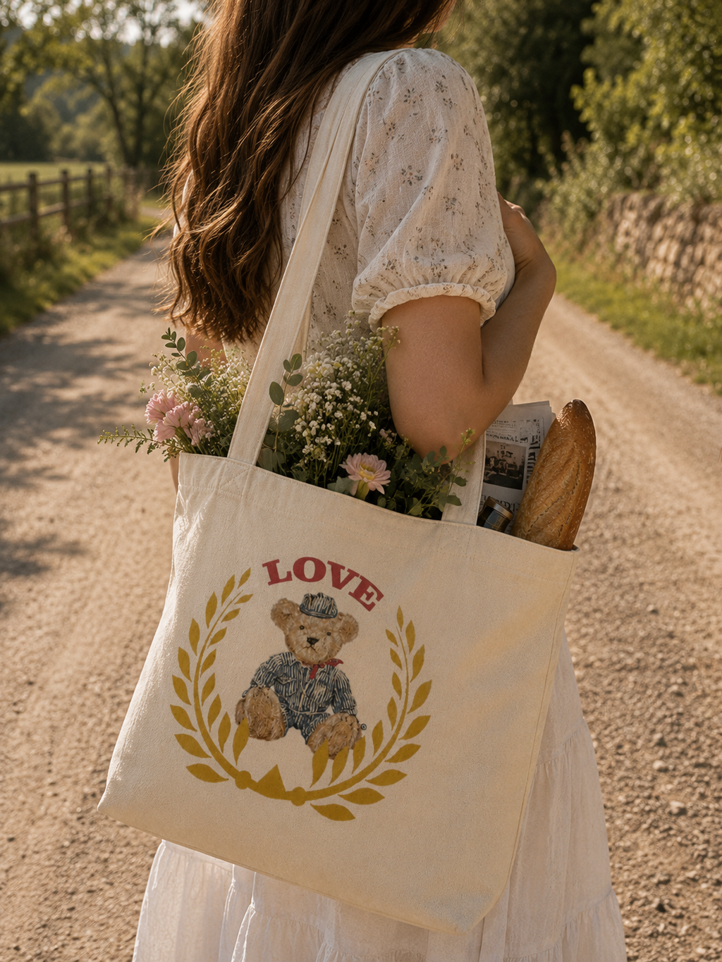 Emma Tote Bag – LOVE Crest Bear Canvas | Boutique LH Montréal