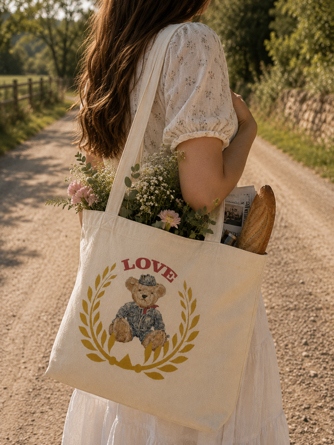 Emma Tote Bag – LOVE Crest Bear Canvas | Boutique LH Montréal