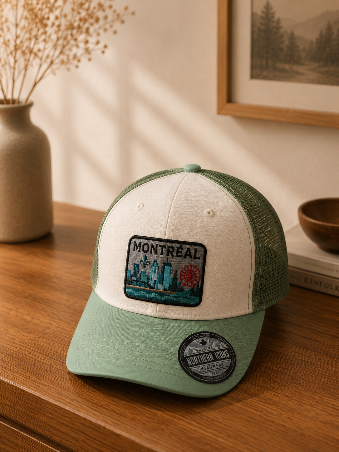 Kids Montreal Skyline Trucker Cap – Sage Green Edition | Boutique LH Montréal