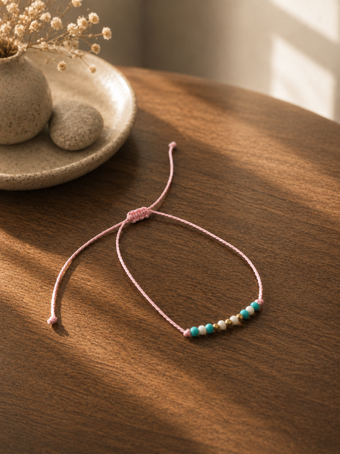 Adjustable Beaded Bracelet – Pink Cord & Turquoise Accent | Boutique LH Montréal